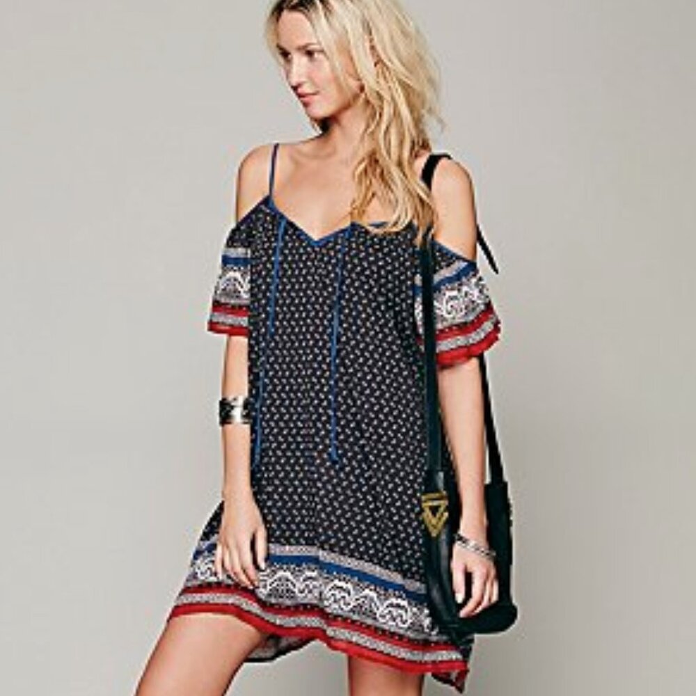 Free People Print Cold Shoulder Boho Hippie Festival Mini Dress XS